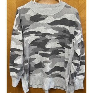 AERIE‎ Womens Hometown Gray Camo Crewneck Pullover Side Slits Boxy Fits Sz S